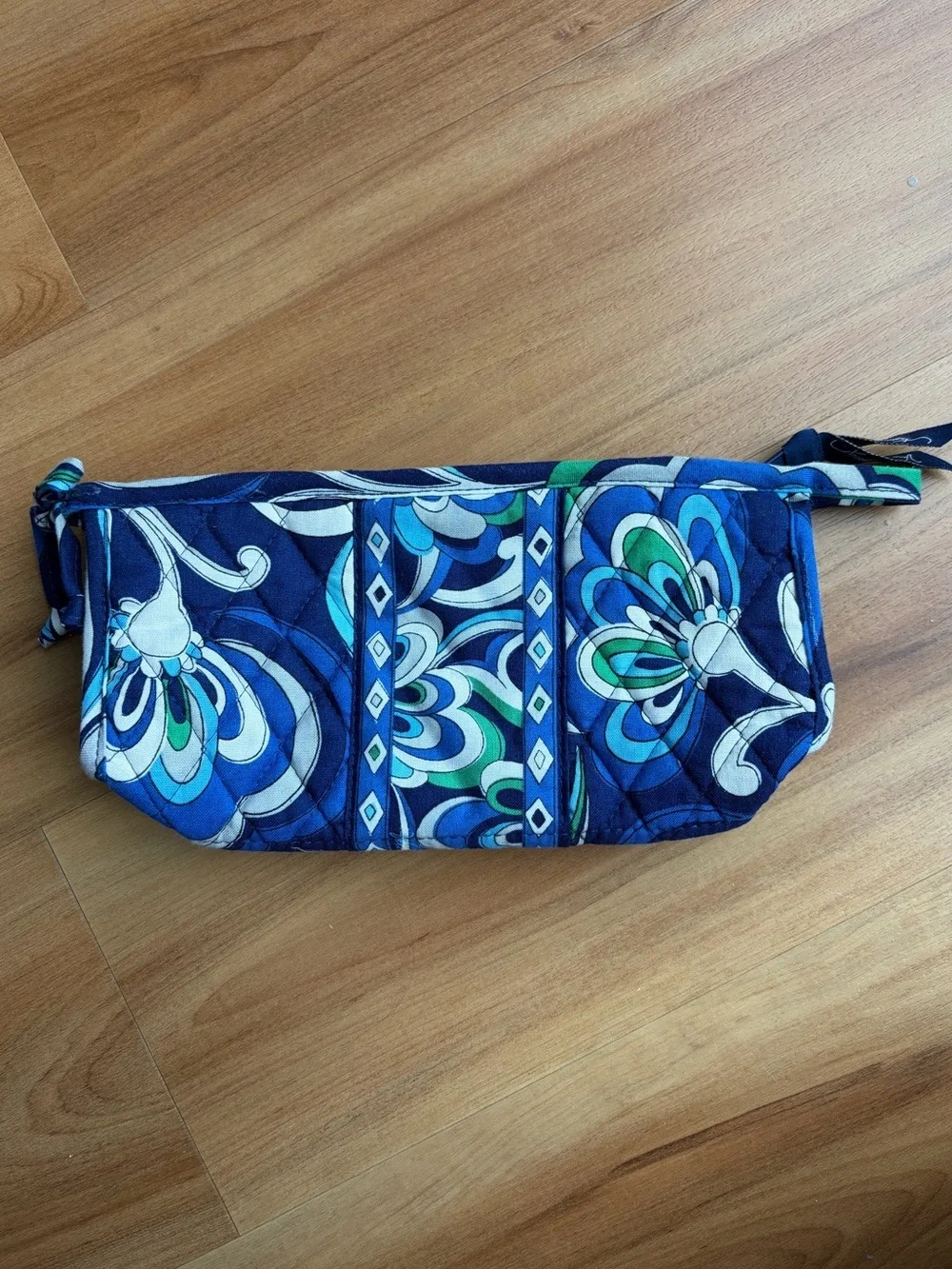 Vera Bradley Quilted Cosmetic Bag Blue Green Floral Large Zip Pouch Travel